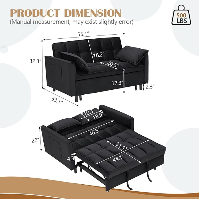 3 in 1 Convertible Sleeper Sofa Bed Modern Velvet Loveseat Pull-Out Couch Futon Love Seat Lounge Sofa with Pull-Out Bed &amp Adjustable Backrest and Side Pocket for Small Apartment Bedroom