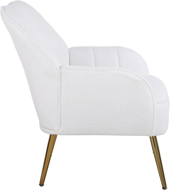 Modern Soft White Teddy Fabric Ivory Ergonomics Accent Chair Living Room Chair Bedroom Chair Home Chair with Gold Legs and Adjustable Legs for Indoor Home