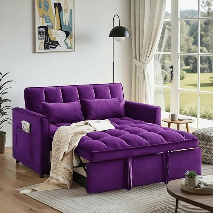 3 in 1 Convertible Sofa Bed Love Seat Sleeper Bed with Side Pockets Velvet Fabric Pull Out Couch with Adjustable Backrest for Living Room Bedroom Apartment Purple