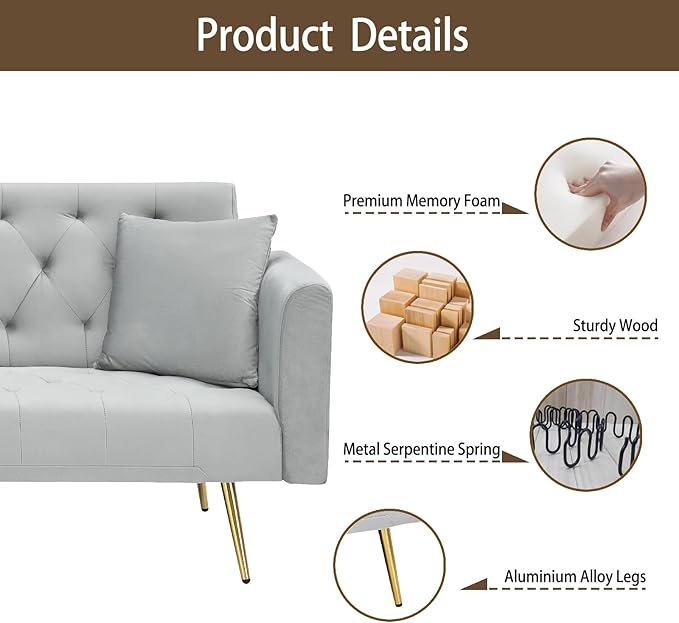 71 Velvet Futon Sofa Bed Convertible Sleeper Couch with 2 Pillows - Modern Loveseat Small Sofa 3-Angle Adjustable Backrest Golden Metal Legs for Living Room Bedroom Apartment Easy Assembly (Gray)