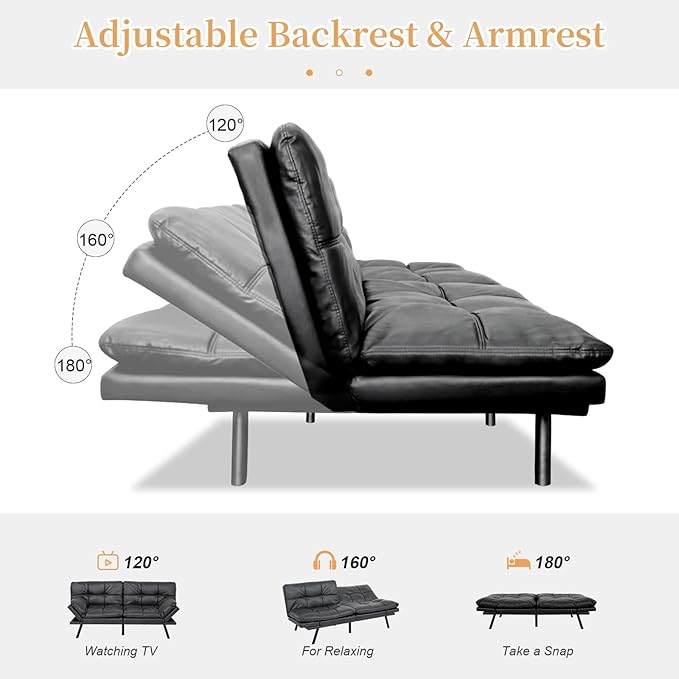 Opoiar Futon Sofa Bed Modern Memory Foam Sleeper Sofa Convertible Couch Adjustable Armrest&ampBackrest Black Matte Leather Futon for Living SpaceApartmentOffice Sofabed