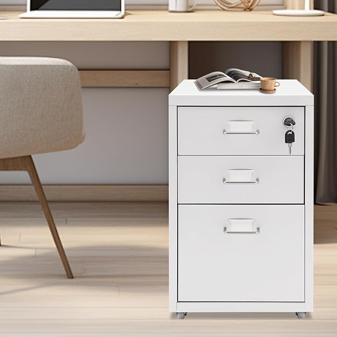 File Cabinet 3 Drawer Mobile Metal Storage Cabinets with Lock and Wheels Vertical Filing Cabinet Under Desk Document Classification Organizer for Office Home Study Dresser (White)