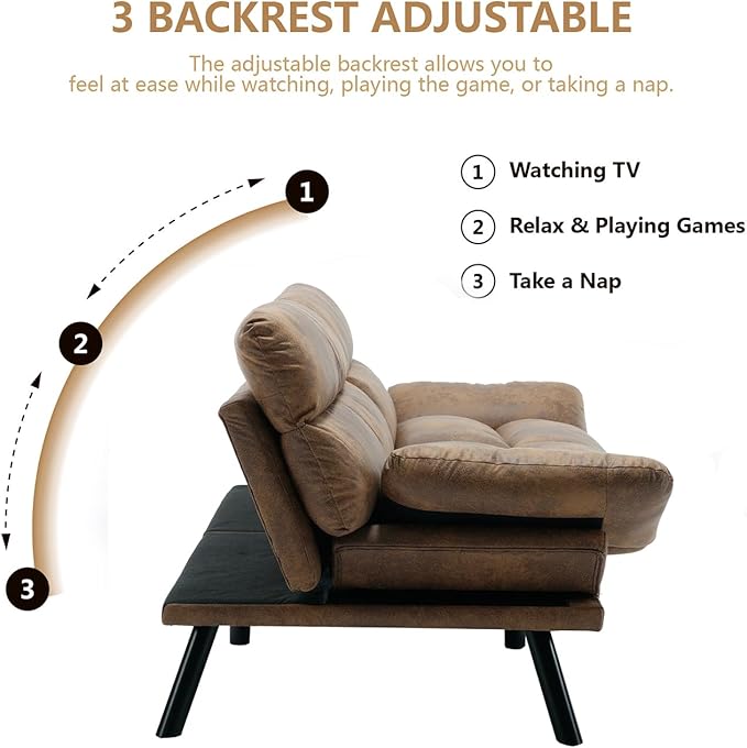 70 Modern Microsuede Convertible Folding Futon Couch Sofa Bed Adjustable Pillow Top Arm Memory Foam Couch Double Loveseat Sofa for Compact Living SpaceDormGame StudioApartmentBedroom (Coffee)