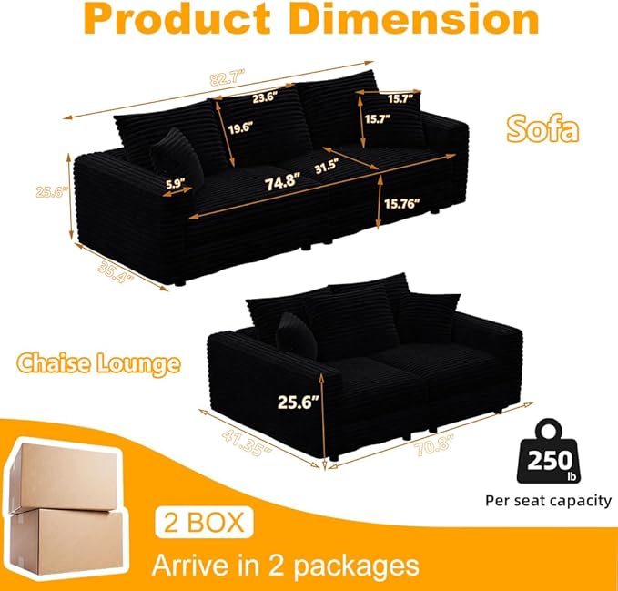 82.7 Oversized Cloud Couch Convertible 3 Deep Seat Upholstered Sofa Couch 2 in 1 Plush Corduroy Sofa with 5 Soft Pillows Modern Modular Sectional Couches for Living Room Apartment Black