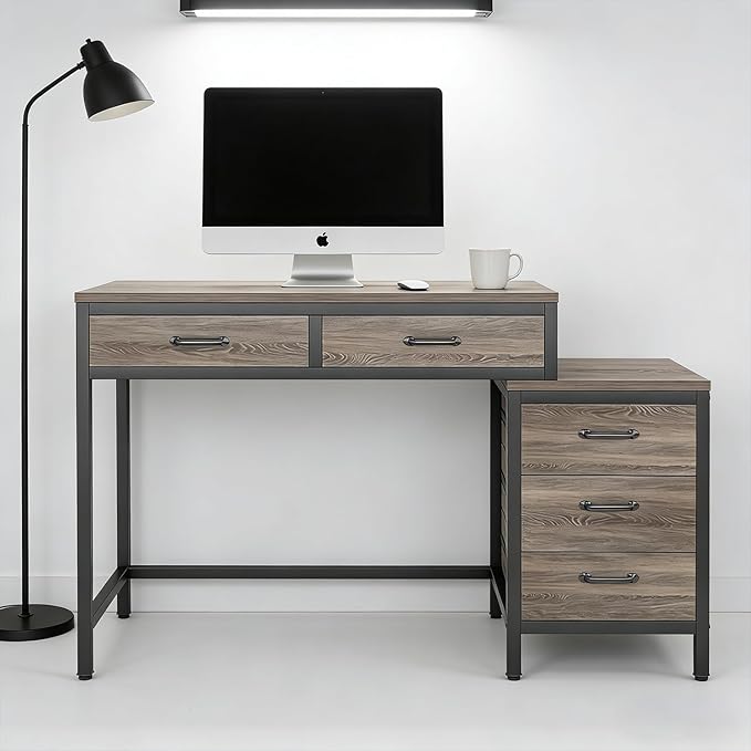Computer Desk with Adjustable Position Drawers Gray Gaming Desk with Storage Compact Home Office Desks Vanity Desks Without Mirror for Bedroom/Study Writing
