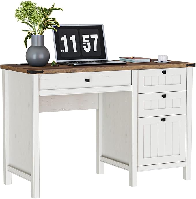 Farmhouse Executive Desk 45 inch Computer Desk with 4 Drawers Smart Charging Station Home Office &amp Study Room Essential for Remote Workers Professionals &amp Students.Antique White