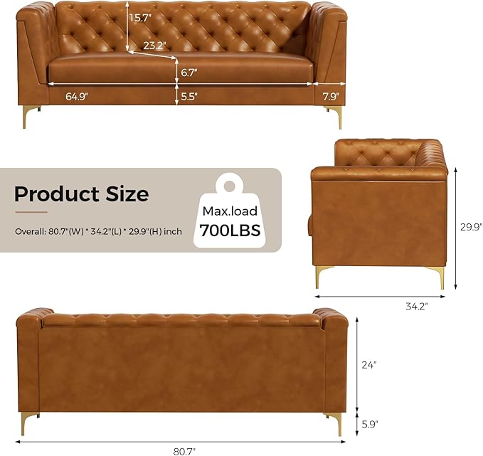 81 Mid-Century Modern Sofa CouchFaux Leather 3 Seater Sofa and Comfortable CushionsComfy Deep Seats Sofa Modern Couch for Living RoomOffice Apartment Small SpaceTool-Free AssemblyBrown