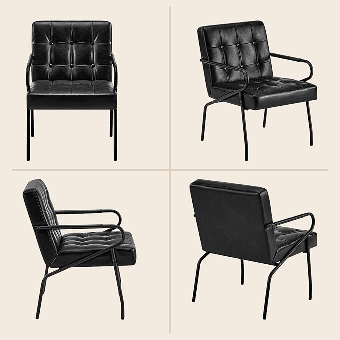 Modern Leather Accent Chair Comfy Reading Arm Chairs Ergonomic Lounge with Extra Soft Pocket Spring Cushion for Living Room Waiting Room Bedroom Office 300lbs Capacity Black