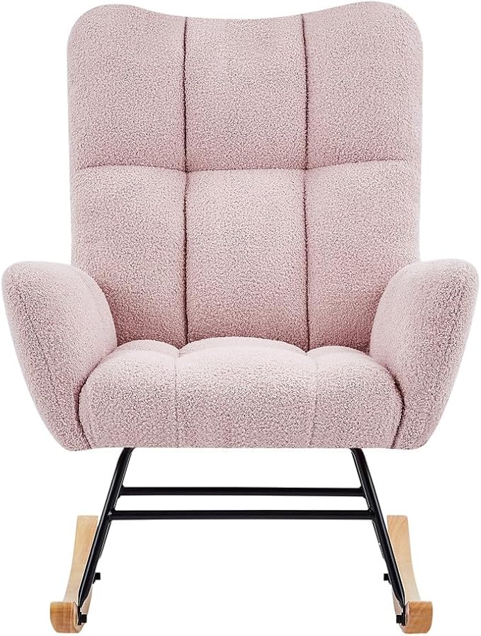 Teddy Rocking Chair Nursery Modern Teddy Fabric Nursing Chair for Mom and Baby Accent Upholstered Rocker Glider Chair with High Backrest for Nursery Living Room Bedroom (Pink)