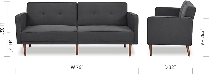Artdeco Home Convertible Sofa Bed with 3 Level of Adjustability 76 W Mid-Century Style Soft 100% Polyester Fabric Sleeper Sofa for Small Space Living Room and Apartment(Charcoal)