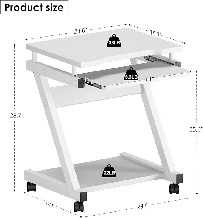 sogesfurniture Mobile Computer Desk Small Rolling Office Table Workstation with Printer Shelf and Keyboard Tray Space-Saving Computer Desk with Storage Shelf for Home and Office (White)