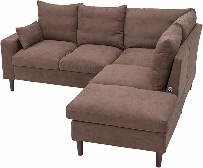 Panana 5 and 6 Seater Convertible Sectional Sofa CouchL-Shape with Universal Corner and Bulit-in USB Charging Port Chaise (Brown Linen Fabric 5 Seater Corner with Built-in USB Port Chaise)