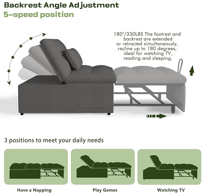 4-in-1 Convertible Sleeper Chair Bed with Adjustable Backrest Pillows Futon Sofa Bed with Side Pocket Sleeper Sofa Chair Pull Out Couches for Living Room Small Space Charcoal