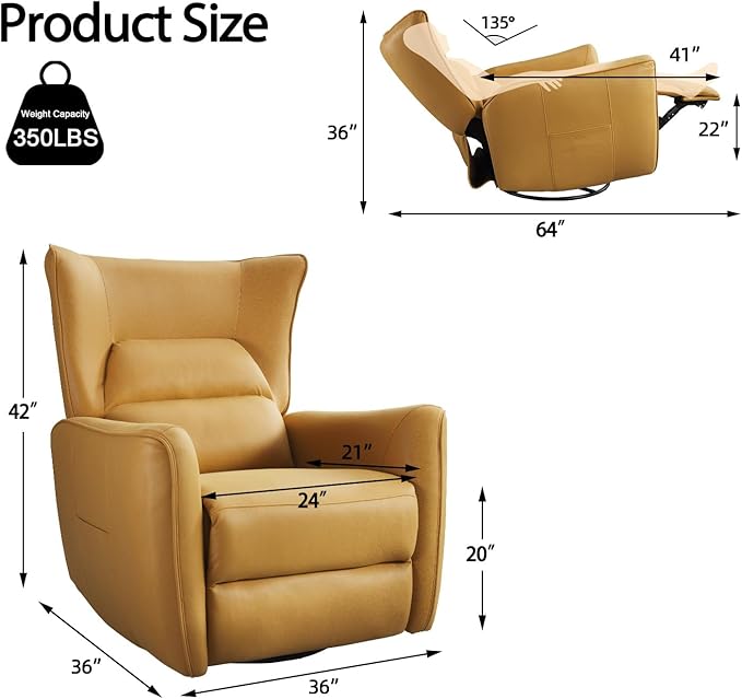 INZOY Power Swivel Rocker Recliner Glider Oversize Electric Swivel Rocker Recliners with Highly Enveloping Backrest Nursery Rocking Recliner Chair Leathaire Reclining Sofa for Living Room Yellow