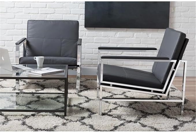 Pemberly Row Modern Bonded Leather Accent Arm Chair Smoke Gray and Chrome Finish 29.75 W x 32 D x 33 H Extra-Wide Seat Mid-Century Design Sleek Guest Seating for Living Room or Home Office