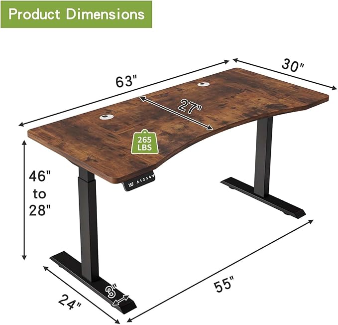 63 Curve Electric Standing Desk Adjustable Height Brown Seated Stand up Computer Desks for Work Office Home Ergonomic Lift-up Gaming Tables with Wheels &amp Splice Board &amp USB (Rustic Brown/63