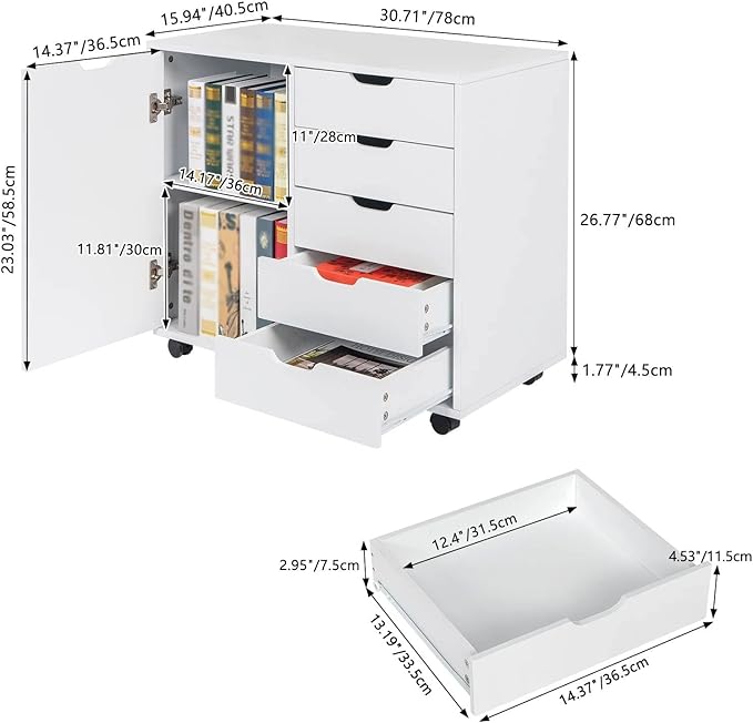 HASMI Filing Cabinet Wooden Filing Cabinet 78x40.5x68CM Single Door 5 Drawers MDF White Floor Locker Suitable for Office Home Use Storage Cabinet yuqing2022