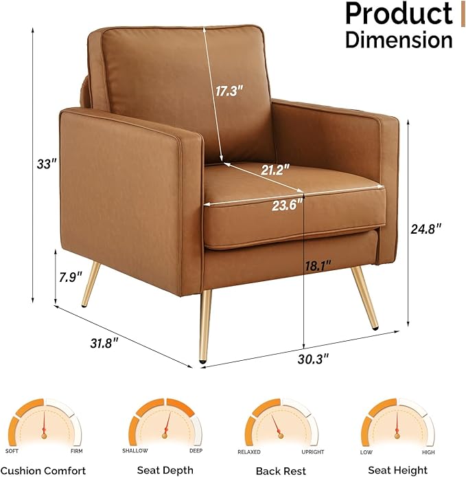 VINGLI Modern PU Leather Accent Chair for Living RoomBedroom Comfy Chair Arm Chair Reading Chair with Golden Metal Legs and Deep Seat for OfficeApartmentSmall SpaceCognac