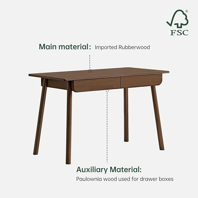 YESWOOD 100% Solid Wood Desk with Drawers Walnut Color Office Desk Mid Century Modern Writing Desk for Study Bedroom Living Room 41.33 W