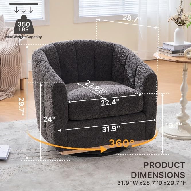 Velvet Swivel Chair Accent Chair 31.9 W Modern Upholstered Pumpkin Barrel Chair Single Sofa Armchair for Living Room Bedroom Gray.