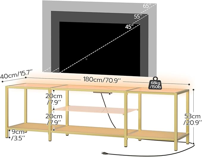 HOOBRO TV Stand with LED Lights and Power Outlets for TVs up to 75 Modern 70.9 Inch Tempered Glass TV Console Table with Open Shelves Media Entertainment Center for Living Room Gold GD185UDS01