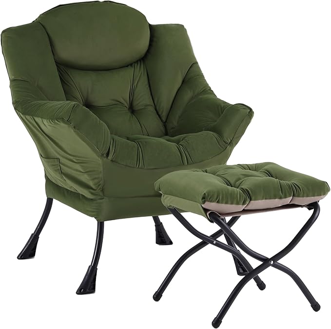 Welnow Lazy Chair with Ottoman Modern Reading Accent Chair with Armrests and a Side Pocket Leisure Upholstered Lazy Sofa Set with Footrest for Small Space Army Green