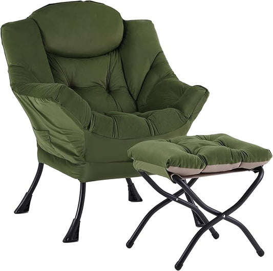 Welnow Lazy Chair with Ottoman Modern Reading Accent Chair with Armrests and a Side Pocket Leisure Upholstered Lazy Sofa Set with Footrest for Small Space Army Green