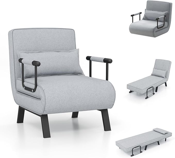 POWERSTONE Convertible Sleeper Chair Bed 4 in 1 Living Room Reading Chair with Pillow Wide Cushion Arm and Adjustable 5 Position Backrest Single Sofa Bed Light Grey