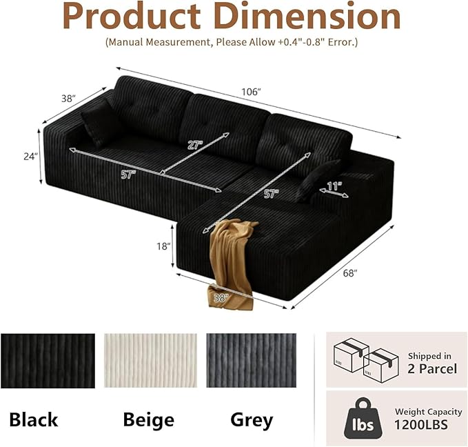 Ball &amp Cast 106'' Convertible Sectional Sofa for Living RoomModern Modular L-Shaped CouchBoneless Comfy Corduroy Fluffy Couch with Deep SeatHight Weight CapacityRight Facing Chaise (Black)