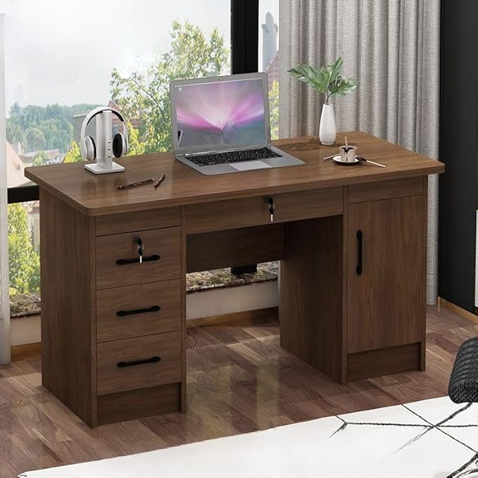 RUNNUP Wood Office Computer Desk with Locking Drawer Contemporary Office Desk Simple Writing Desk Home Office Furniture Without Keyboard Tray 47 L x 24 W x 30 H Light Walnut Color