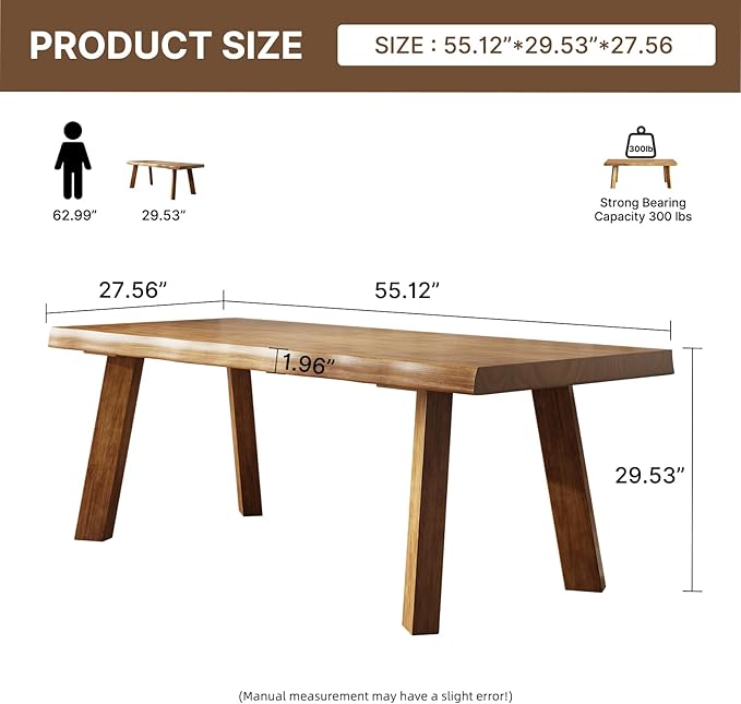 Solid Wood Desk 55 inches Live Edge Wooden Home Office Computer Desk Modern Simple Design for Writing Study Dining Gaming