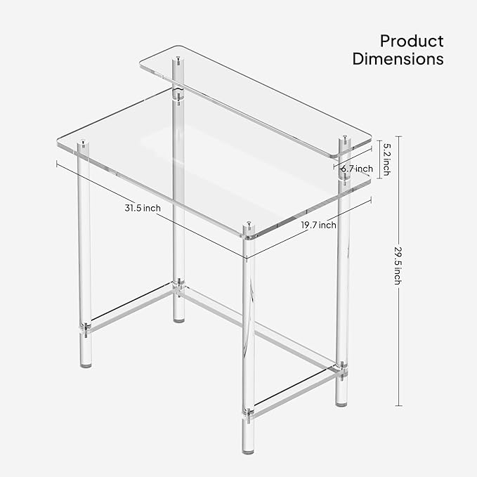 Eglaf Acrylic Desk - Home Office Desk with Monitor Stand - Modern Clear Desk Study Writing Table Computer Desk for Office Living Room Bedroom 31.5 L x 19.7''W x 34.7 H