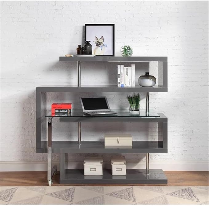 BOWERY HILL L-Shaped Glass Top Writing Desk Chrome and Gray High Gloss Finish Metal and MDF Construction 55 W x 24 D x 54 H 4 Shelves Swivel Function Modern Small Space Home Office Desk