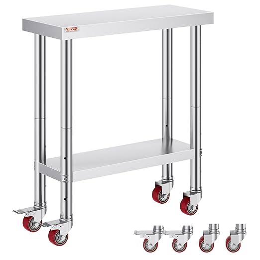 VEVOR Stainless Steel Work Table 30 x 12 x 34 Inch 700 LBS Load Capacity with 4 Wheels 3 Adjustable Height Levels Heavy Duty Food Prep Worktable for Commercial Kitchen Restaurant Silver