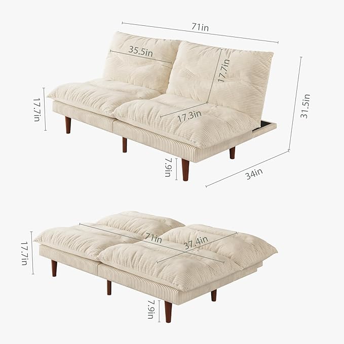 LLappuil Futon Sofa Bed 69 inch Futon Couch with Adjustable Backrest Corduroy Convertible Sleeper Sofa Bed Folding Sleeper Recliner Loveseat for Apartment Living Room Office (Beige)