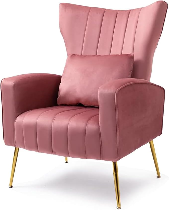 Velvet Accent Chair for Living Room Bedroom Modern Arm Chair with Wingback &amp Gold Metal Legs Lumbar Pillow Included Blush Pink