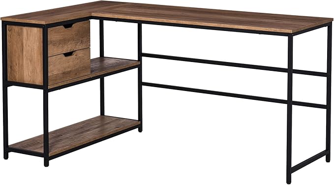 Home Office Desk L-Shaped Home Offie Computer Desk with Storage Shelves 2 Dawers and Industrial Steel Frame Black/Brown