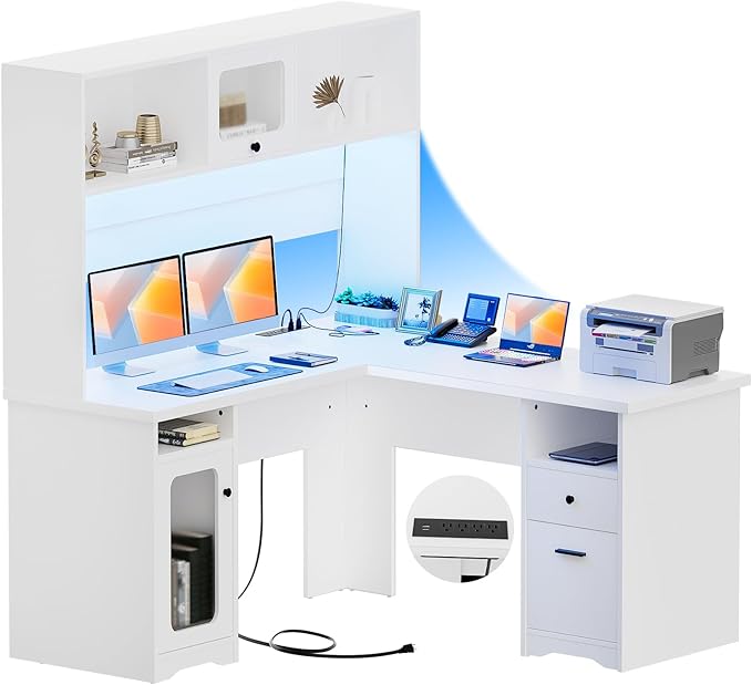 Unikito L Shaped Desk with Drawers 60 Inch Office Desk with Power Outlet and LED Lights Sturdy Corner Computer Desk with Hutch and File Cabinets 2 Person Home Office Gaming Table White