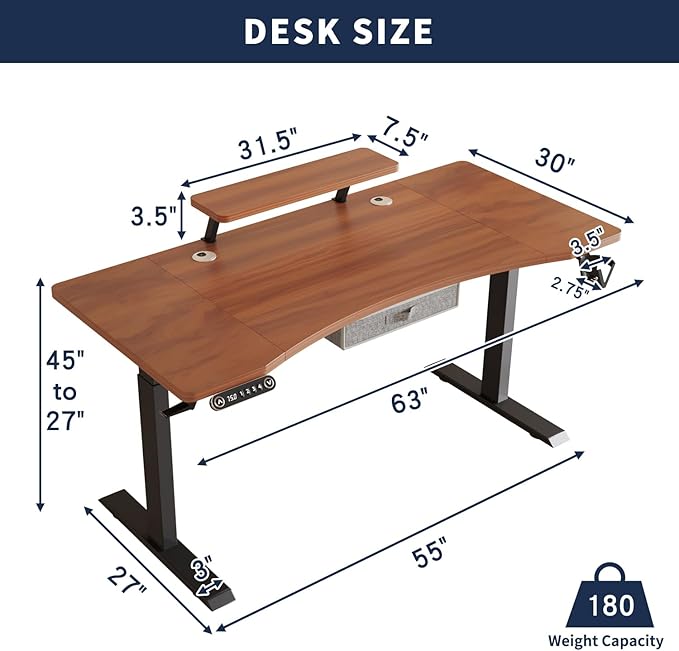 Dual Motor Standing Desk with Drawer 63x30 Inches Electric Height Adjustable Sit Stand Up Desk with Storage Shelf Home Office Desk Computer Workstation with Walnut Top/Black Frame