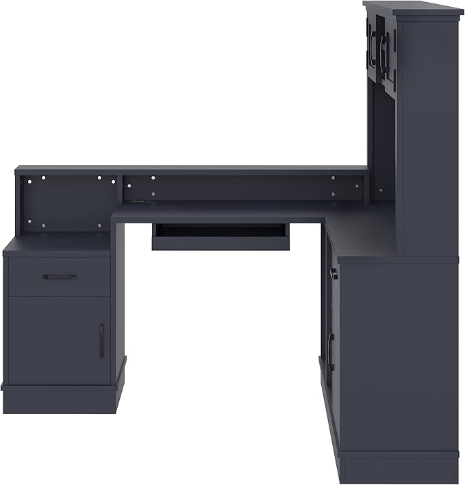 L-Shaped Computer Desk with Outlet Drawers Bookshelf Modern Corner Desk L-Shaped Study Table Writing DeskCorner Gaming Computer Desk with Storage (Blue-01)