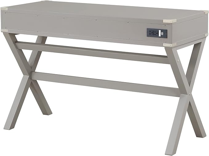 OSP Home Furnishings Wellington 46-Inch Writing Desk with Power Hub and 3 Storage Drawers Grey