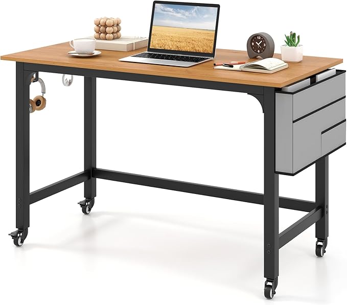 COSTWAY 48” Mobile Computer Desk Home Office Desk on Wheels Simple Study Writing Table with 4 Lockable Wheels Metal Frame Rolling Laptop PC Table for Small Space (Natural)