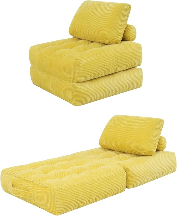 Yellow Folding Sofa Bed - Convertible Sleeper Chair with Pillow &amp Back Support Comfy Foldable Mattress Portable Futon Fold Out Chair Bed for Living Room/Bedroom/Apartment