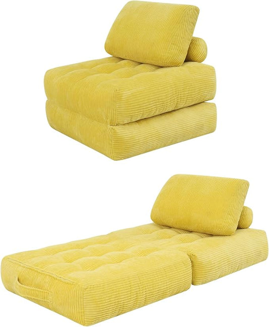 Yellow Folding Sofa Bed - Convertible Sleeper Chair with Pillow &amp Back Support Comfy Foldable Mattress Portable Futon Fold Out Chair Bed for Living Room/Bedroom/Apartment