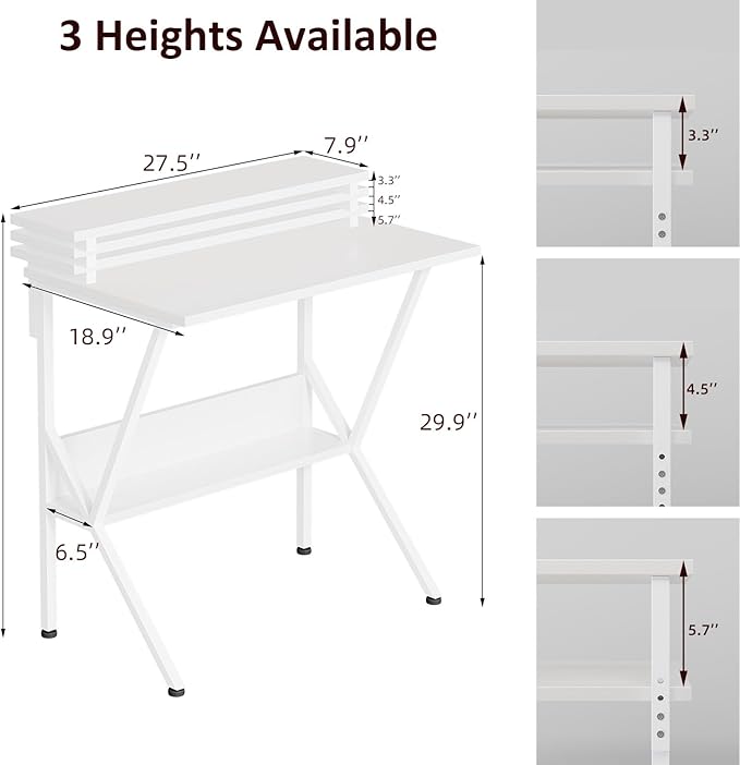 COTUBLR Small Desk 27.5 Inch Small Computer Desk for Small Spaces Computer Desk with Adjustable Monitor Stand Compact Desk with Storage Tiny Desk Study Desk for Bedroom Home Office White