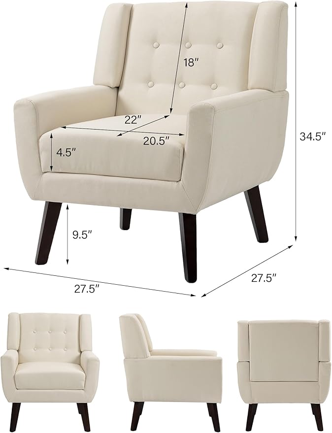 Accent Chair Mid-Century Modern Fabric Chairs with Arms for Living Room Comfy Upholstered Club Single Sofa Armchair for Bedroom Waiting Room with Solid Wood Frame