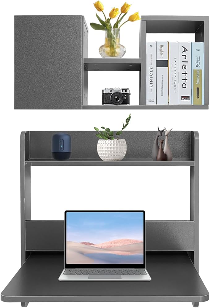 Floating Desk 36’’H Wall Mounted Desk Solid Wood Fold Down Laptop Desk with Foldable Tabletop Folding Table Workstation with Storage Shelves&ampDoor(Grey)