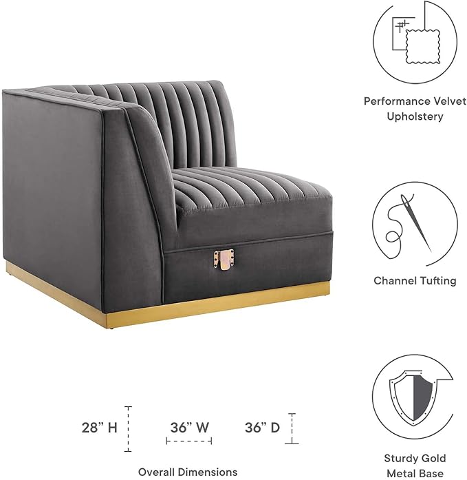 Modway Sanguine Channel Tufted Performance Velvet Modular Sectional Sofa Ottoman Left Corner Chair Gray