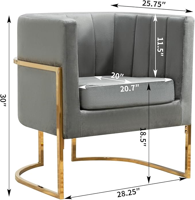 Velvet Modern Accent Chair Upholstered Barrel Armchair Mid Century with Pillow for Living Room Comfy Single Vanity Chair with Metal Gold Legs for Bedroom Grey