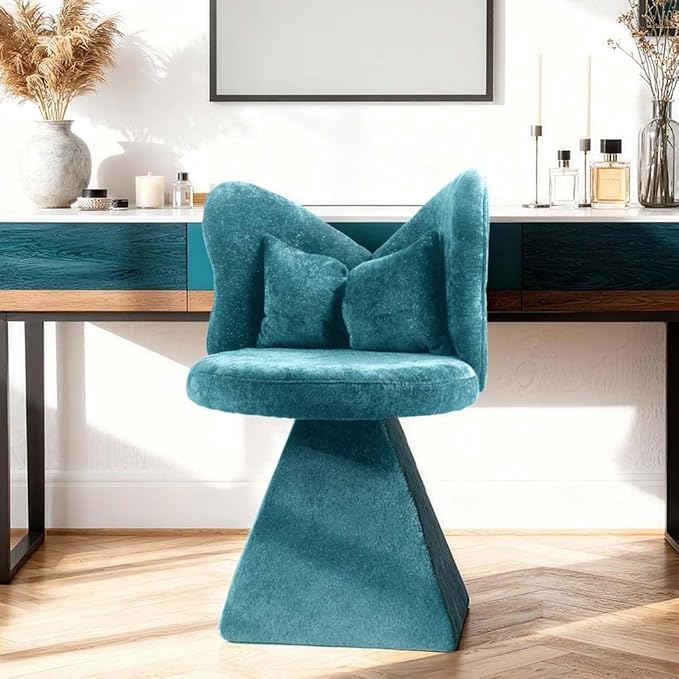 360° Swivel Vanity Chair with Back and PillowChenille Comfy Makeup Chairs for VanityBlue Modern Desk Chair No Wheels for BedroomLiving Room (Blue)